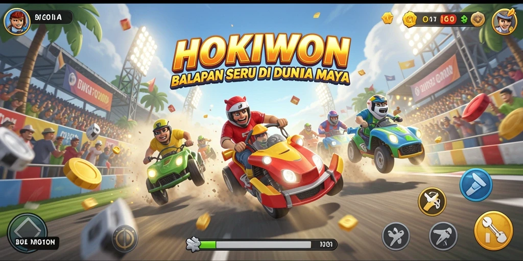 Gameplay HOKIWON menampilkan balapan seru dengan kendaraan kencang.
