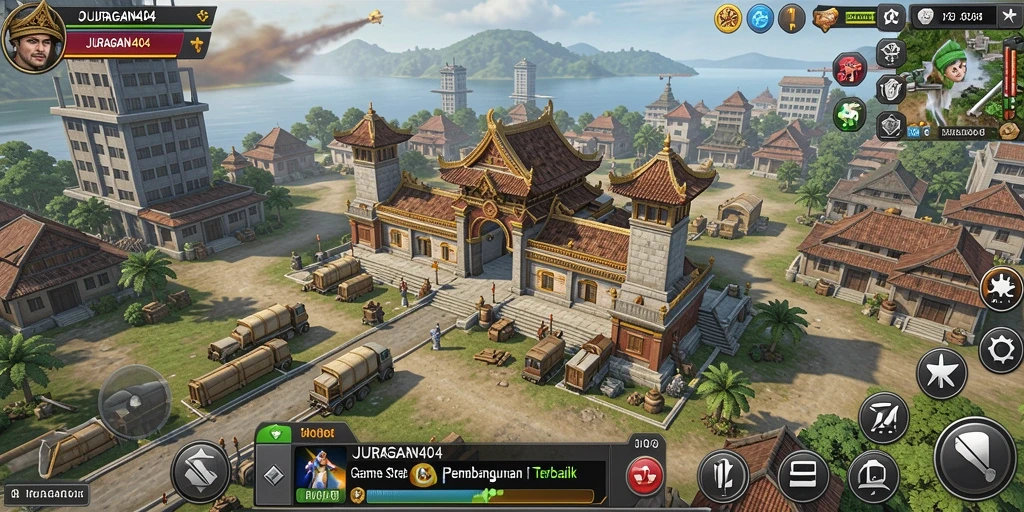 Tampilan gameplay JURAGAN404 dengan strategi pembangunan usaha.