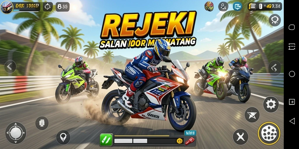 Tampilan gameplay seru dalam REJEKI saat balapan motor.
