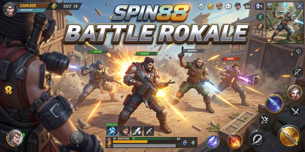 Tangkapan layar gameplay SPIN88 menampilkan aksi mendebarkan di arena Battle Royale.